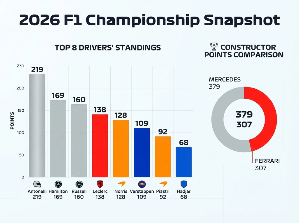Driver and Constructor standings after every F1 race in 2026 statistics infographic