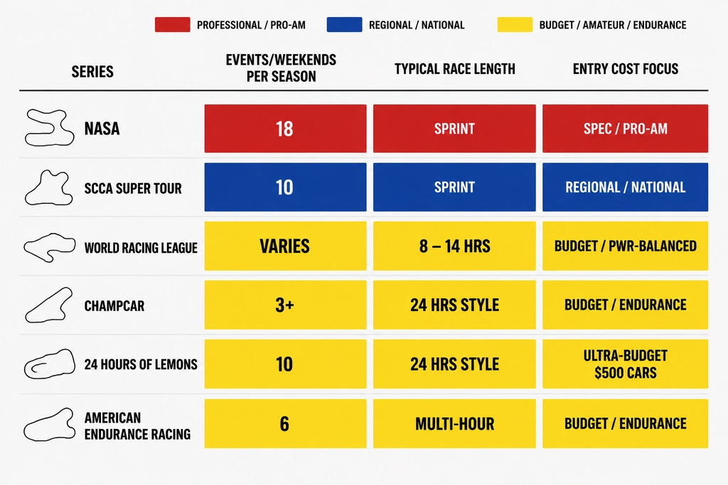 Popular Amateur Racing Series comparison chart