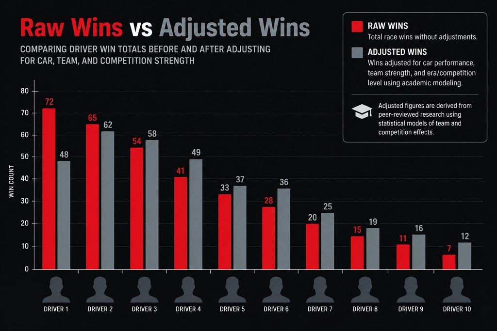 Statistics of F1 drivers' race wins adjusted for evolving competition comparison chart