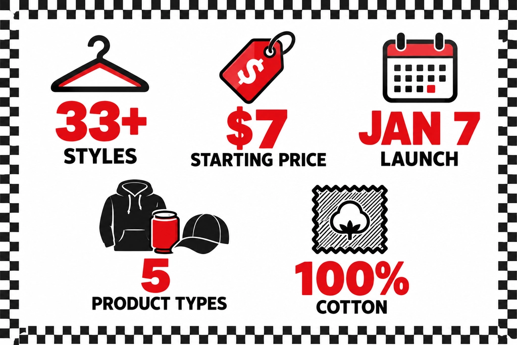 Infographic showing 2026 NASCAR merchandise trends with 33+ styles, $7 starting prices, a Jan 7 launch date, and cotton fabric details