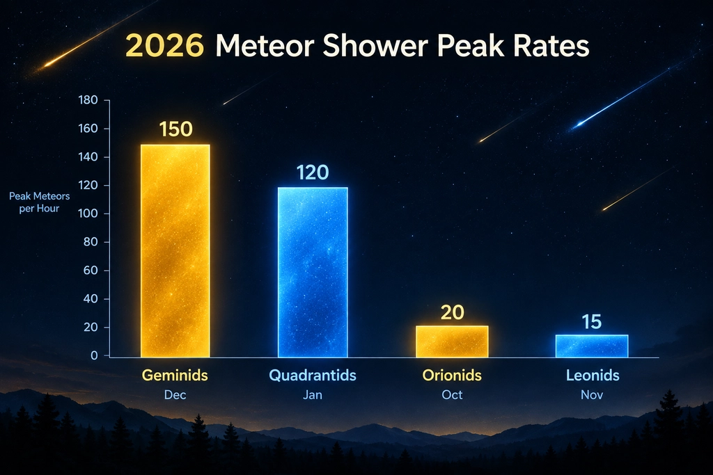 Bar chart comparing peak hourly rates of 2026 meteor showers, a key event for stargazers using telescopes throughout the year