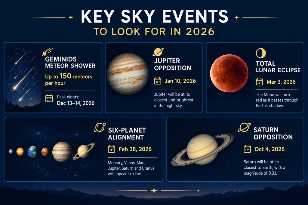 Infographic listing 2026 astronomical events for telescope viewing, including meteor showers, planet oppositions, and a lunar eclipse