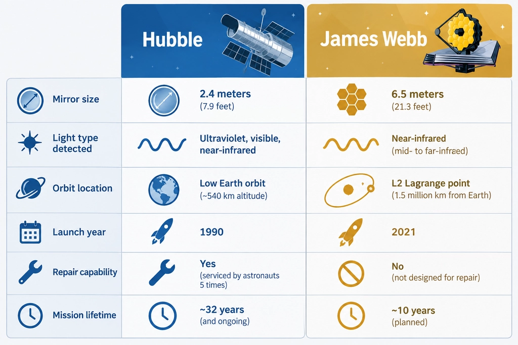 Hubble vs. James Webb Space Telescope comparison chart