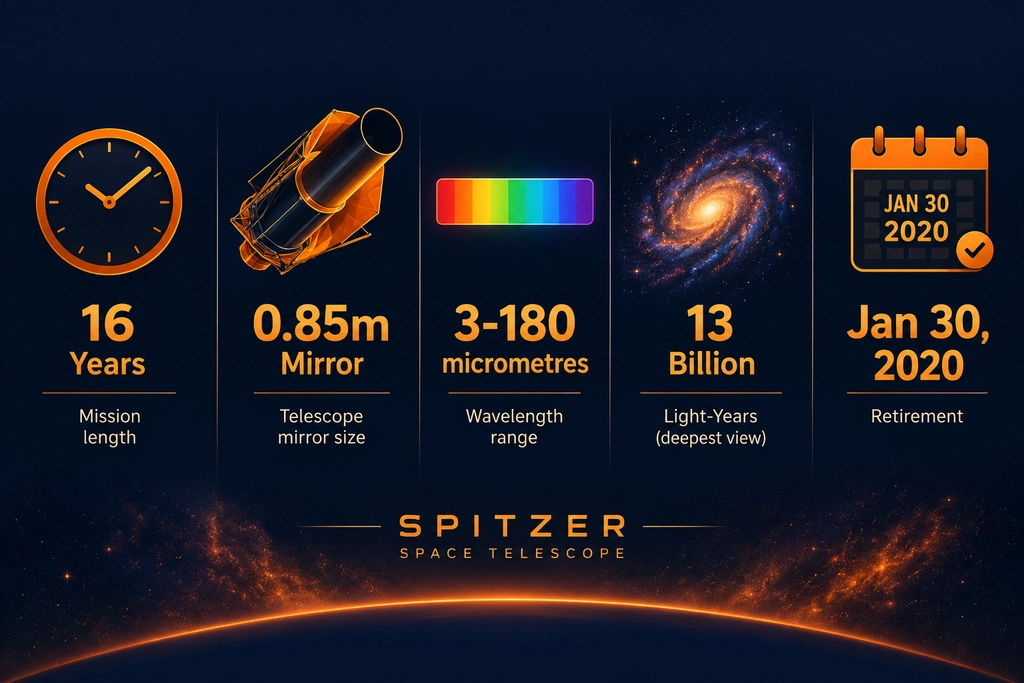Infographic listing Spitzer Space Telescope key facts: 16-year mission, 0.85m mirror, infrared range, and 2020 retirement date