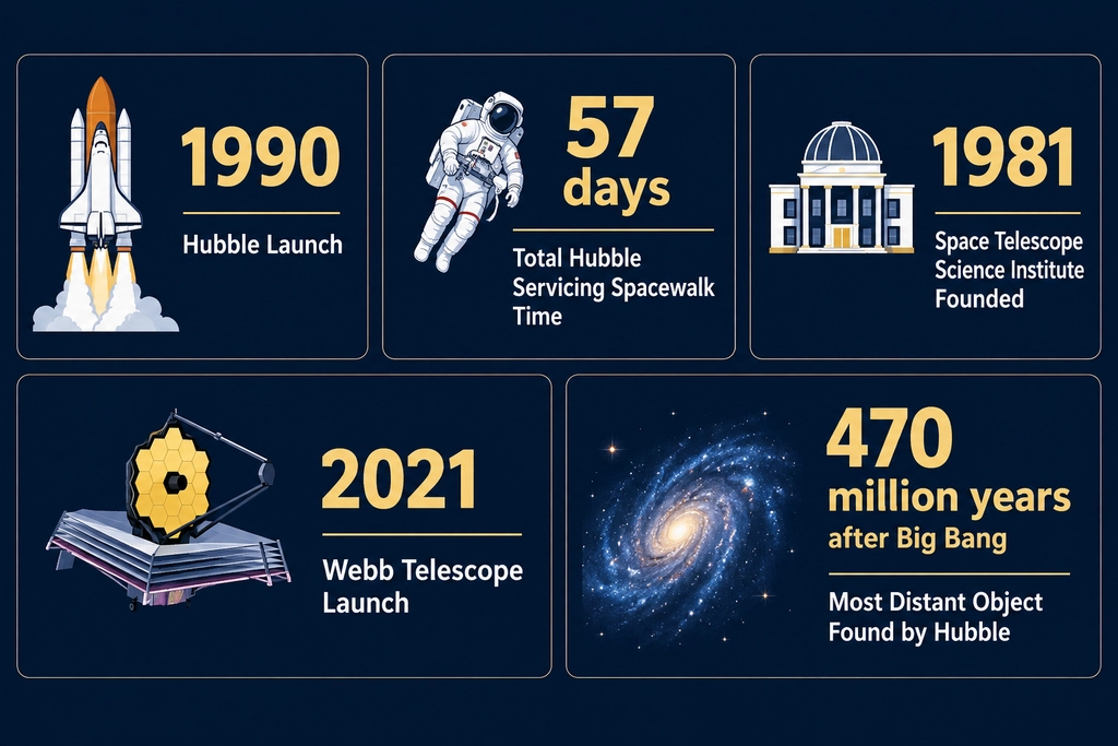 Infographic stat blocks tracing NASA telescope discoveries, from the 1990 Hubble launch to the 2021 Webb launch date