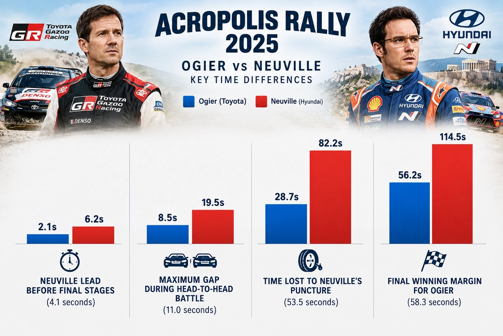 Bar chart comparing Ogier and Neuville times at Acropolis Rally Greece, showing lead swings, a costly puncture, and Ogier's 58.3 second final margin