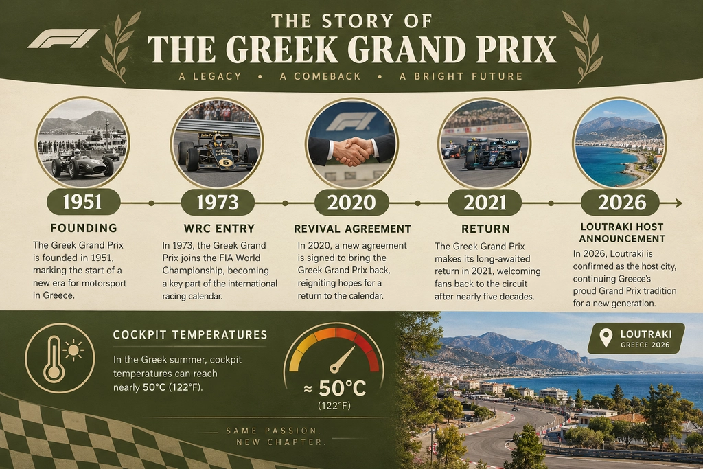 Timeline infographic tracing Acropolis Rally Greece history from 1951 founding to its 2026 Loutraki return, with a heat gauge noting near 50°C cockpit temps