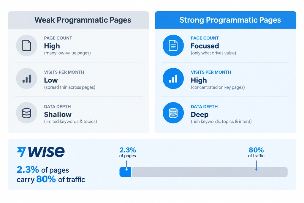 Comparison chart of weak versus strong programmatic pages, showing how Wise gets 80% of its traffic from just 2.3% of pages in SEO planning for 2026