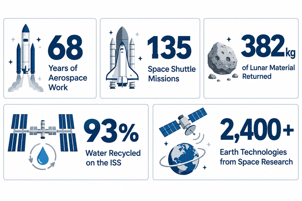 Infographic with five key stats summing up NASA's space research through the decades, from shuttle missions to recycled ISS water