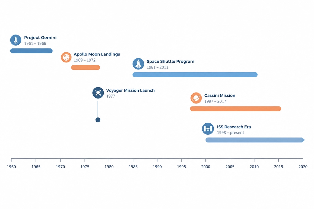 Timeline bar chart tracking NASA's space research through the decades, from Project Gemini and Apollo to the ISS research era